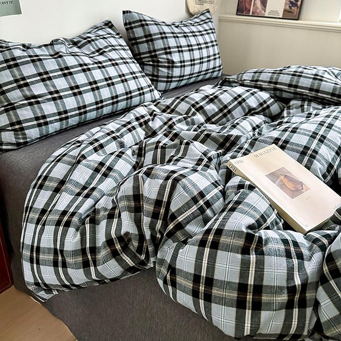 mixinni Vintage Grey & Pale Blue Buffalo Plaid Duvet Cover Set Twin Size - 3 Piece Washed Cotton Bedding Set with Grid Pattern, Soft & Breathable Duvet Cover with Pillowcases for Boys, Men& Women