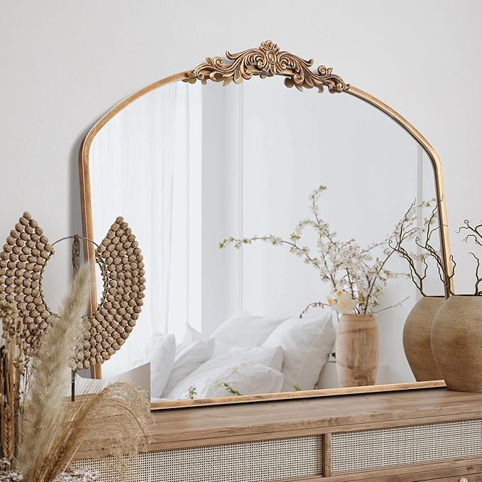 PERFNIQUE Vintage Mirror, 36" X 30" Arched Antique Baroque Mirror, Gold Traditional Wall Decor, Ornate Decor Anthro Look Alike Decor for Bathroom Living Room Fireplace Entryway Hallway