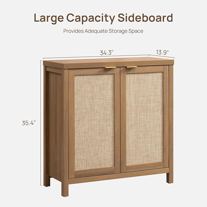 SICOTAS Sideboard Buffet Coffee Bar Cabinet - 3 Pieces Farmhouse Boho Rattan Credenza Storage Cabinet with Large Storage for Kitchen, Living Room, Entryway, Oak