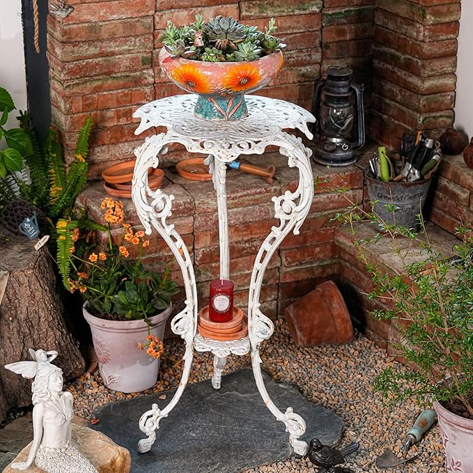 Sungmor Heavy-duty Cast Iron Plant Stand Patio Side Table, 15.3" Wide 27.5" Tall 2-layer Potted Pedestal, Vintage Rust White Planter Holder, Elegant Victorian Style Indoor Outdoor Decorative Pot Stand