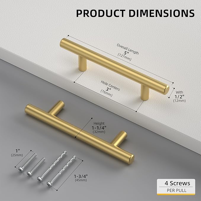 goldenwarm 1 Piece Gold Cabinet Drawer Pulls Kitchen Hardware Brushed Brass Cabinet Handles T Bar Door Pull Knobs 3in Hole Centers, 5in Overall Length