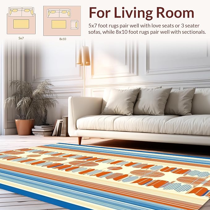 Flatwoven High Traffic Area Rug 8x10, Geometric Sky & Terracotta Art Deco Style, Non Slip, Stain Resistant, Washable Area Rugs for Living Room, Bedroom (Blue, 8x10)