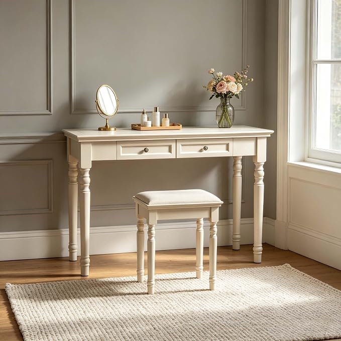 47" Narrow Solid Wood Writing Desk with Drawers, White French Country Style Computer Desk for Home Office, Living Room or Study