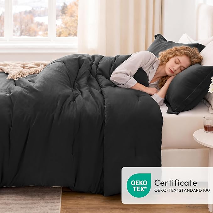 Love's cabin Black Full Comforter Set, 3-Piece Prewashed Bed Set with 1 Comforter (79 x 90 in) & 2 Pillowcases, Lightweight & Breathable for All Seasons | Soft