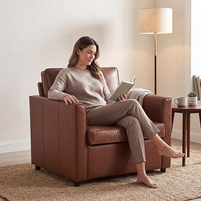 Oversized Armchair, 39" Accent Chair for Living Room, Mid-Century Modern Armchair with Deep Seat Cushion & Solid Wooden Legs, Comfy Faux Leather Side Chair for Reading, Small Space, Brown