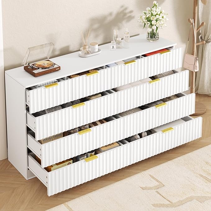 Fluted 10 Drawer Dresser for Bedroom,55.1''W Modern Dresser for Closet with Metal Handle, Wooden Chest of Drawers for Bedroom, Living Room, Hallway,White
