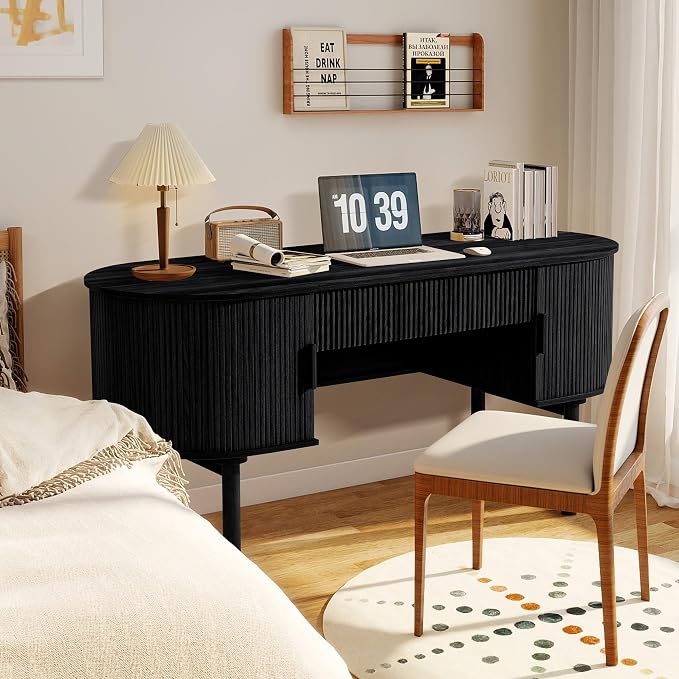 ORRD Home Office Oval Desk with Sliding Tambour Door and Drawer, Modern Fluted Wood Executive Computer Storage Desk for Study, Living Room, Bedroom, Office - Black
