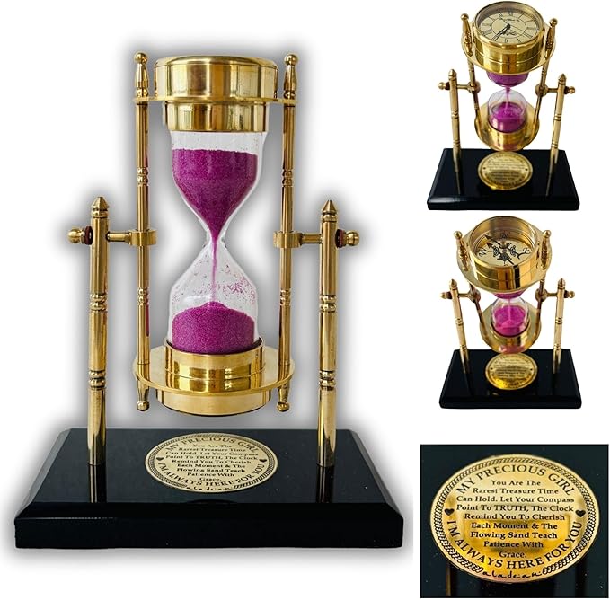 My Precious Girl Gift for her - Brass SandTimer ClockCompass Engraved Quote | Handmade Inspirational Gift for Women & Girls - Shiny Brass Table Top Desk Decor