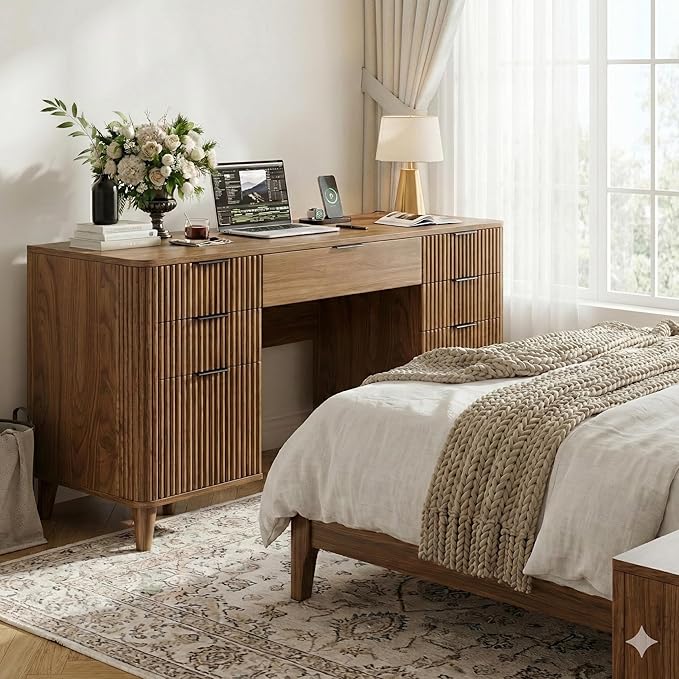 Walnut Desk with Drawers, 55" Fluted Executive Desk with Storage Cabinet, Wood Home Office Desk with File Cabinet, Modern Computer Writing Desk for Study, Living Room, Bedroom