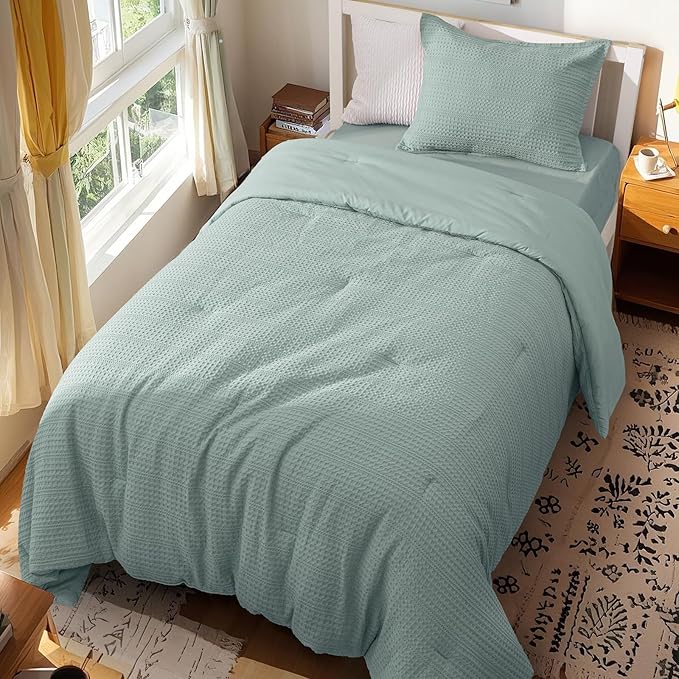 PHF Soft Waffle Comforter Set Twin Size- Comfy Breathable Waffle Weave Comforter with 1 Pillow Shams, 2 Pieces Less Snagging Lightweight Textured Bedding Set for All Season, Dusty Blue