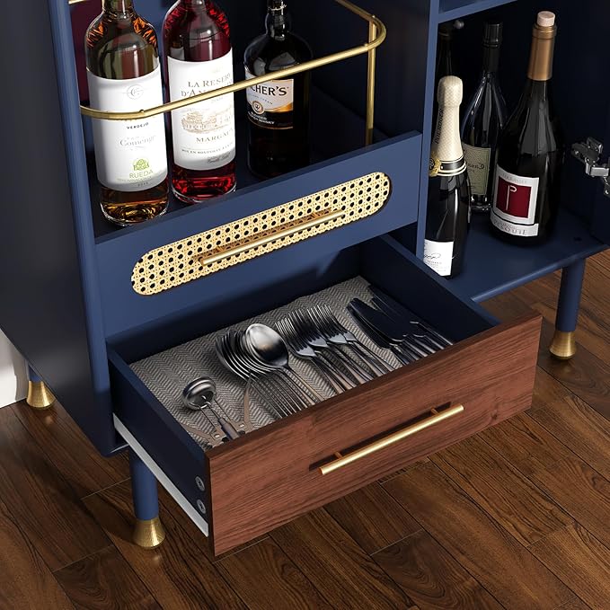 ARTPOWER Modern Coffee Bar Cabinet with Wine Glass Rack and Drawers, Blue Liquor Cabinet with Pull-Out Wine Storage for Kitchen, Dining Room, Living Room