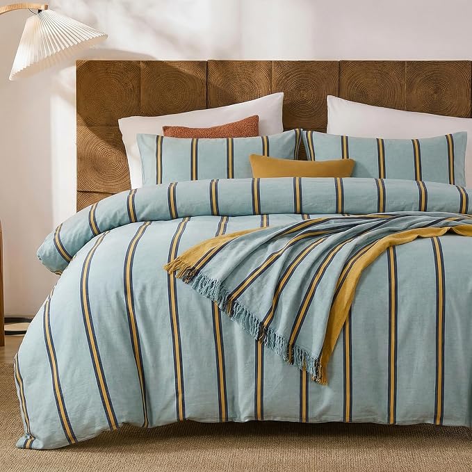 Merryword Green & Orange Striped Duvet Cover Set King Size, 100% Cotton Bedding Set with Zipper Closure & 8 Corner Ties, Luxury Linen Like Bedding, Soft Breathable Comforter Cover for All Seasons