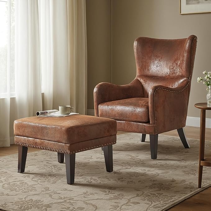 Mid-Century Modern Accent Chairs with Ottoman Footstool Set, Wingback Club Chair with Footrest Set, Nailhead Trim | Solid Wood | Vintage Distressed, Including Chair and Ottoman