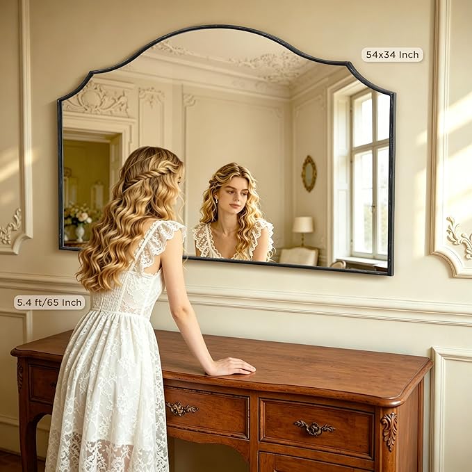 Besdomus Oversized Scalloped Black Mirror: 54"x34" Modern Minimalist Wood Frame Wall Mirror - Classical Fireplace Arched Mirrors for Bathroom/Dresser/Entryway/Living Room - Home Decor for Women