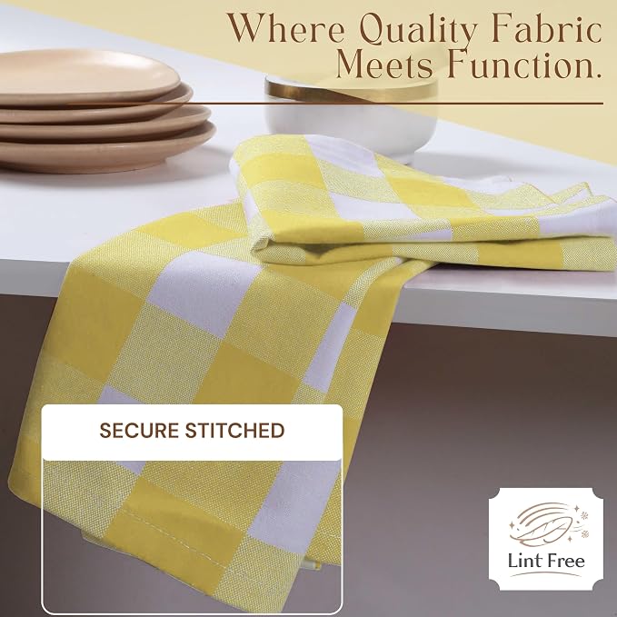 Buffalo Check Kitchen Towels, 16x26 Inches, 12 Pack Plaid Tea Towels, Reusable Cotton Dish Cloths, Quick Drying, Absorbent Towel for Cooking, Drying Dishes, Lemon Yellow and White