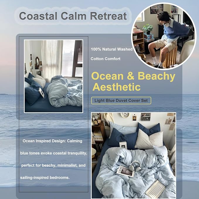 mixinni 100% Washed Cotton Duvet Cover Set Full Size, Solid Light Blue Ocean Themed Chic Bedding, Soft Breathable Minimalist Comforter Cover with Zipper Closure & Corner Ties-Full Size