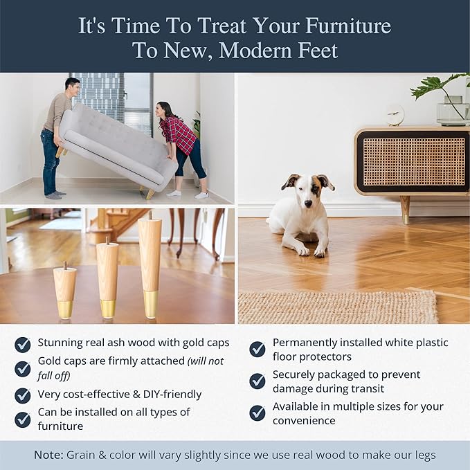 Premium Ash Wood Furniture Legs with Gold Caps (Full Install Kit) - Pick Your Size and Color