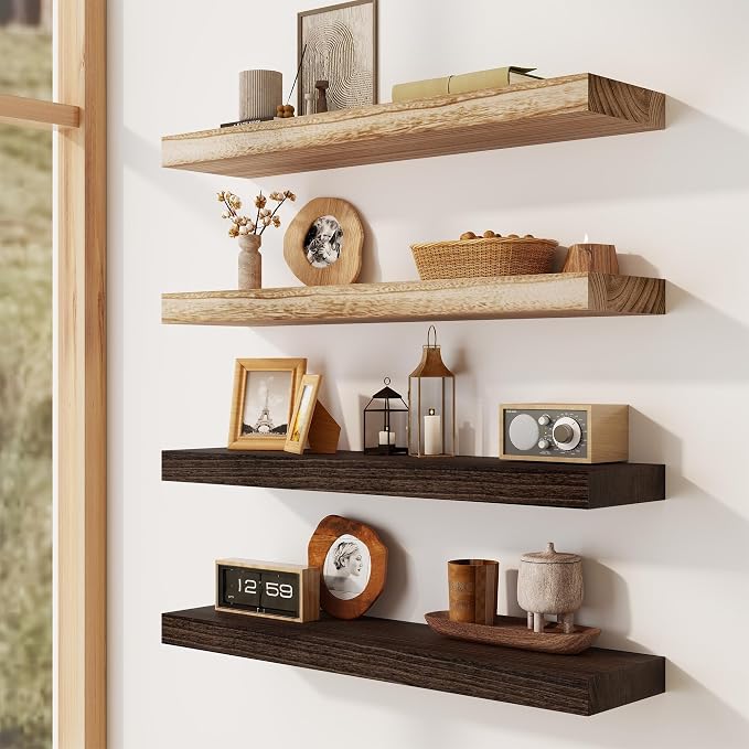 Solid Wood Floating Shelves for Wall 55"W x 8"D x 1.56"H Set of 1, Deep Wall Shelves for Living Room Bedroom Bathroom Kitchen Decor Storage with Invisible Heavy-Duty Metal Bracket, Rustic Brown