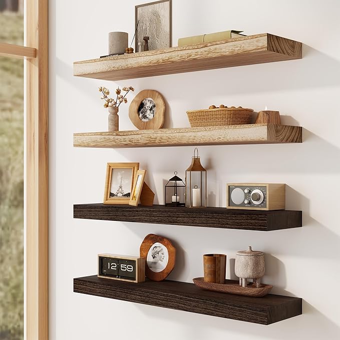 Solid Wood Floating Shelves for Wall 55"W x 8"D x 1.56"H Set of 1, Deep Wall Shelves for Living Room Bedroom Bathroom Kitchen Decor Storage with Invisible Heavy-Duty Metal Bracket, Carbonized Black