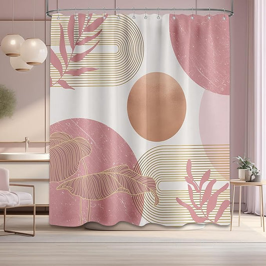Blush Pink Shower Curtain Light Pink and White Shower Curtains for Bathroom Decor Abstract MCM Bath Curtain Set, Waterproof Fabric with Hooks 70 x 72 Inch