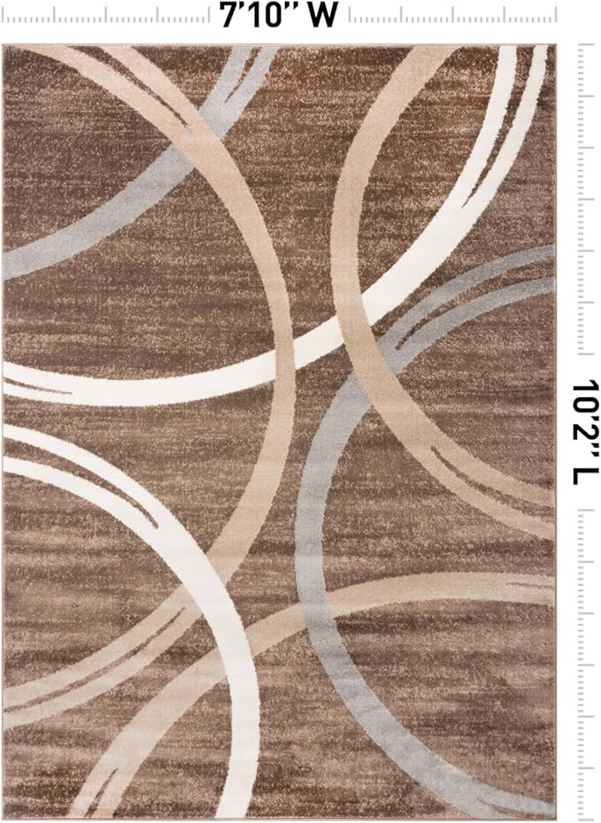 Rugshop Modern Wavy Circles Design Area Rug, Non-Shedding Carpet for Living Room, Bedroom, or Dining Room, Brown, 7'10" x 10'2"
