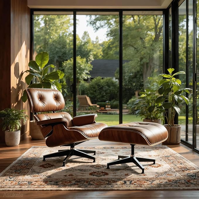 Top Grain Leather,Mid Century Chaise Lounge Chair and Ottoman, Reading Chair, Leather Accent Chair, Modern Chair, Classic Design, Heavy Duty Base Support for Living Room Lounge Office