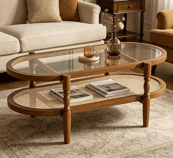 Rattan Coffee Table, Oval Cocktail Table with Glass Top and Solid Wood Frame, Boho Indoor & Outdoor Coffee Table, Brown, 48 in