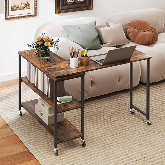 Giantex 360 Rotating End Table, Large Rustic Brown Walnut & Alloy Steel, 40" X 12", 2-Tier Storage Shelves, 265 lbs Weight Capacity