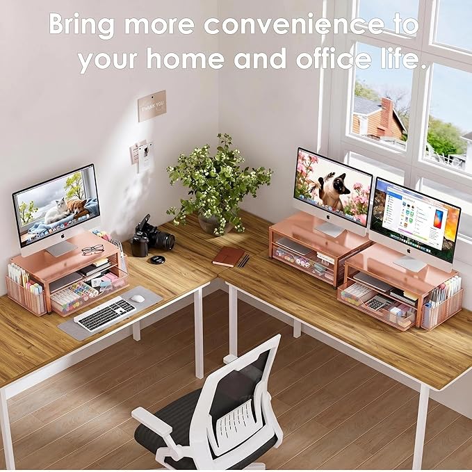 OPNICE Computer Monitor Stand Riser, Desk Organizer with Drawer, Printer & Laptop Stand, Office Desk Accessories & Workspace Desktop Organizers Storage for Office Supplies(Rose Gold)