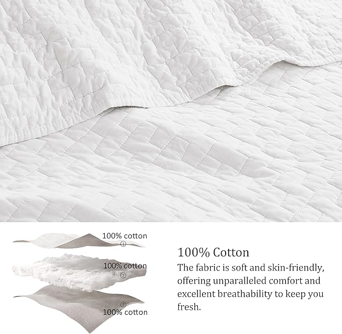 palassio White 100% Cotton Quilt King Size Bedding Sets with 2 Pillow Shams, Textured Lightweight Soft Bedspread Shabby Chic Coverlet, Quilted Comforter Bed Cover for All Season, 3 Pieces