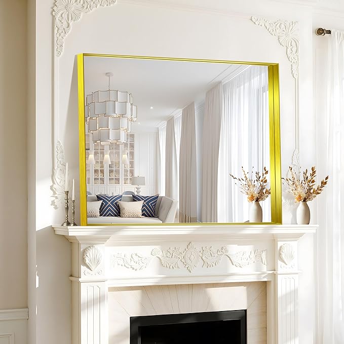 CIRCUMI Gold Bathroom Mirror, 30"x36" Rectangular Mirror with Deep Metal Frame, Brushed Finish, Tempered Glass, Mirror for Wall, Oversink, Bedroom, Installed Vertically/Horizontally, Crystal-Clear