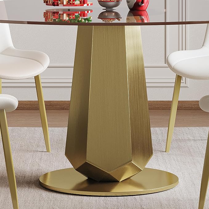 Montary 53 inch Luxury Round Dining Table Set with Smoked Glass Top & Gold Stainless Steel Base, Modern 9-Piece Kitchen Set for 4-8 People, Dining Table with 8 White PU Chairs, Easy Assembly