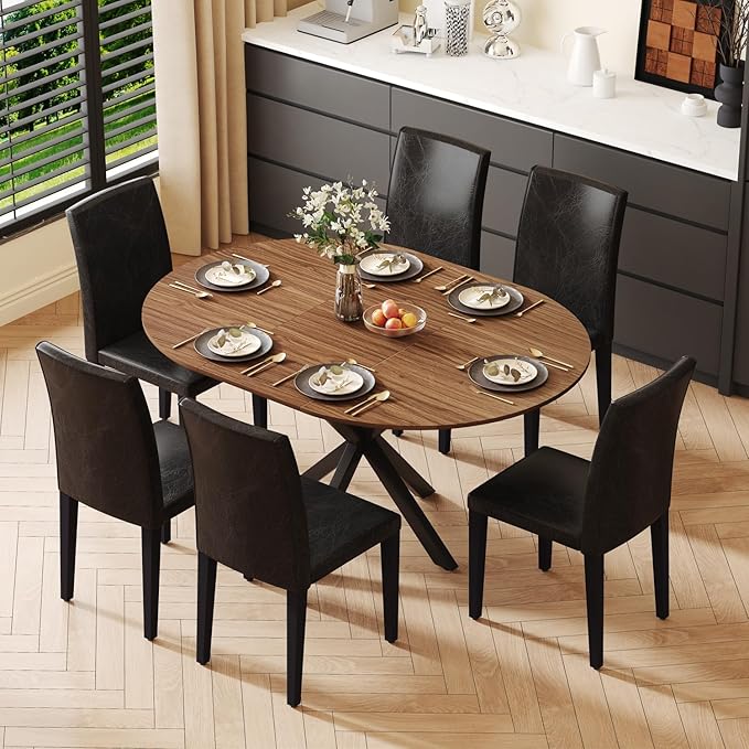 Round Dining Table Set for 6, 43-59" Extendable Dining Room Table Set, Walnut Wood Grain Table and 6 Black PU Leather Upholstered Chairs Set, Mid Century Modern Kitchen Table Set with Cross Legs