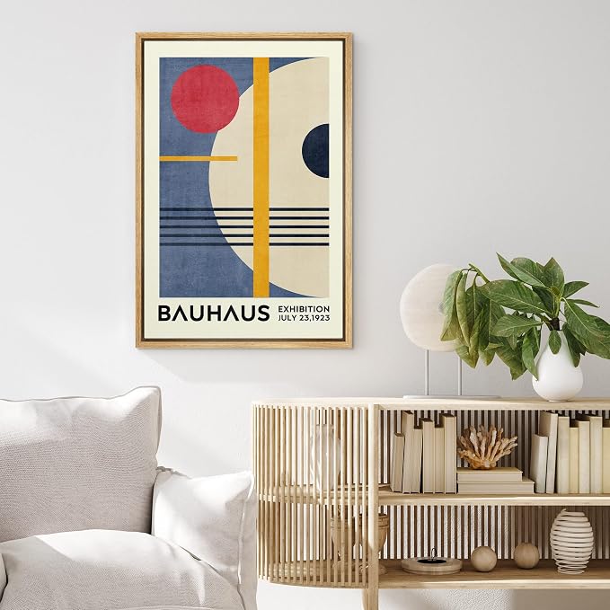 MUDECOR Framed Canvas Print Wall Art Red & Blue Bauhaus Geometric Display Abstract Shapes Illustrations Fine Art Mid-Century Modern Multicolor for Living Room, Bedroom, Office - 16"x24" Natural