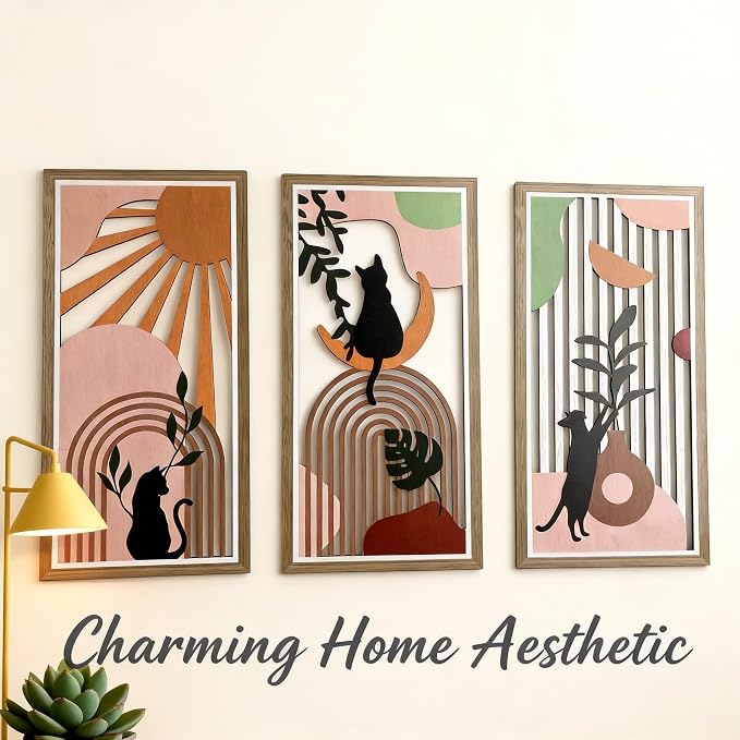 Boho Black Cat Wall Art for Living Room - 3Pcs Cat & Sun Wood Wall Decor, Minimalist Geometric Black Cat Design, Rustic Bohemian Hanging Art for Women, Homeowners, Renters, Bedroom, Bathroom, Office, Housewarming Gift for Cat Lovers