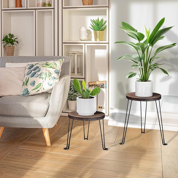 Yangbaga Wooden Plant Stands Indoor: 2Pack 11.81IN Round Plant Stands with Metal Legs,Mid Century Plant Holder for Home Decor,Multi-purpose Plant Table for Living Room/Patio/Garden/Balcony/Office