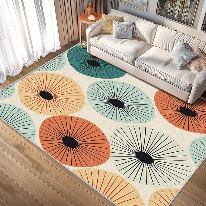 Mid Century Rugs for Living Room 6x6, Retro 50s Abstract Modern Atomic Pattern Design Area Rug, Mid Century Bedroom Decor Carpet, Non Slip, Washable (RG477)