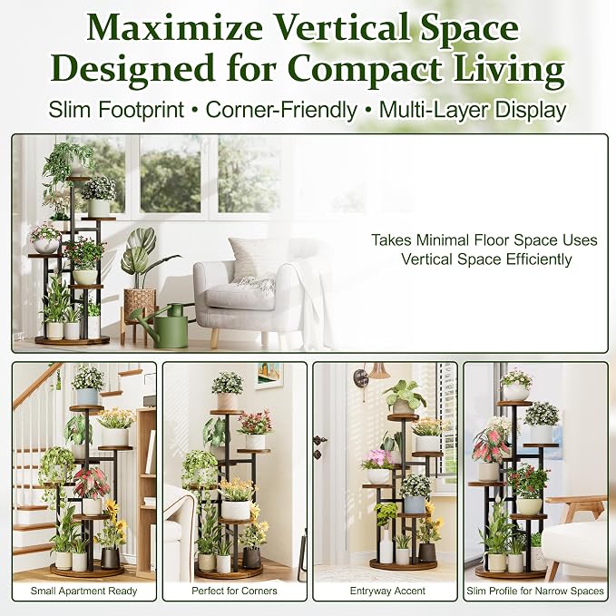5 Tiers Wood Plant Tables Indoor Plant Stand Tall Metal Wood Plant Shelf Outdoor Indoor Plant Table Rack Tiered Plant Stand Garden Accessories for Living Room Balcony Patio - BlackRound