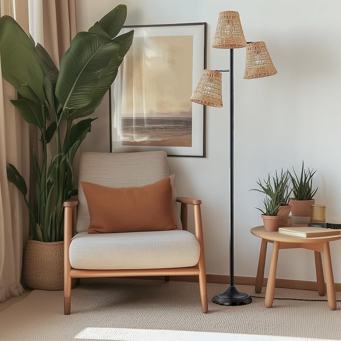 Maxax 72" Boho Rattan Floor Lamp for Living Room, 3-Lights Tree Floor Lamps, Tree Farmhouse Industrial Black Standing Lamp with Woven Shade for Bedroom, House