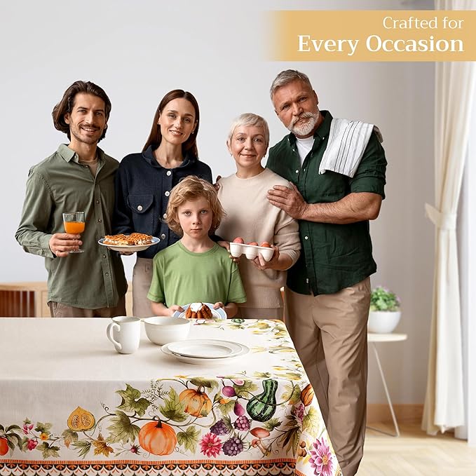Maison d' Hermine Table Cloth Rectangle Table 100% Cotton 60 x 120 Inches Fall Tablecloth Reusable Everyday Use for Thanksgiving Christmas Decorations Dining Farmhouse (Pumpkin Garden - Cloudy Cream)