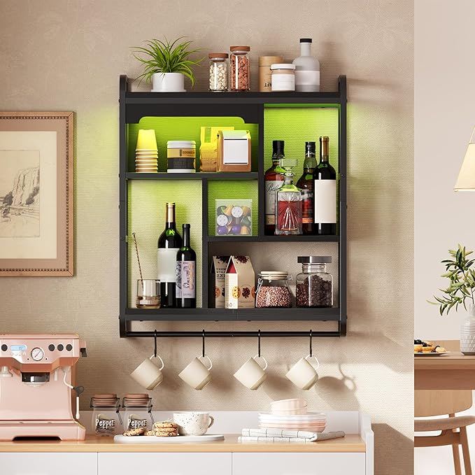 HOOBRO Gaming Floating Shelves with LED Lights, 26.4" LED Wall Mounted Shelf, Modern Corner Shelf 3-Tier Display Rack for Wall Storage, Arched Design, for Kitchen, Living Room, Study, Black BB44DBJ01