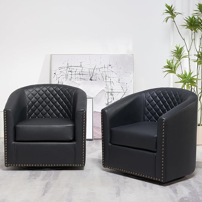 KINWELL 29" Wide Tufted Faux Leather Swivel Barrel Chair Set of 2, PU Leather Modern Upholstered Accent Chairs with Nailhead Trim, Small Armchair for Living Room Bedroom, Black
