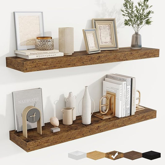 fuqing Floating Shelves for Wall, Wall Mounted Wood Floating Shelf with Invisible Brackets for Living Room, Bathroom, Bedroom, Kitchen Storage and Decor, 36 Inch Set of 2, Rustic Brown