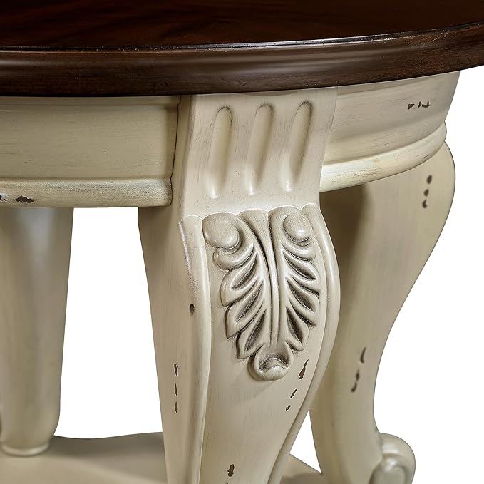 JIJIWANG Retro Oval End Table with Buttom Shelf for Small Space Solid Wood Round Sofa Table with Antique Carved Legs, Beige