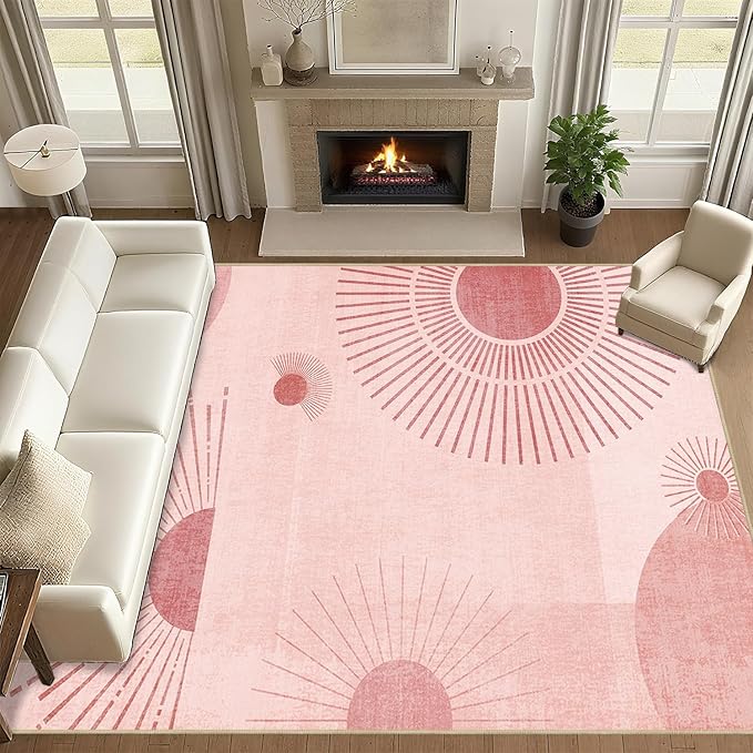 8x10 Large Area Rug for Living Room Sun Rug Mid Century Modern Rugs Machine Washable Boho Geometric Rug Non Slip Printed Low Pile Indoor Floor Carpet for Dining Room Bedroom Office,Pink