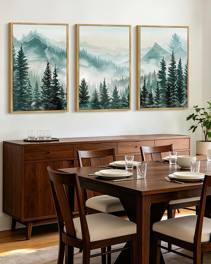 KUVIOKE Fog Pine Tree Mountain Landscape Framed Wall Art Watercolor Nature Misty Forest Painting Vintage Farmhouse Rustic Wall Decor for Bedroom Hallway 24x36in (Natural Framed)