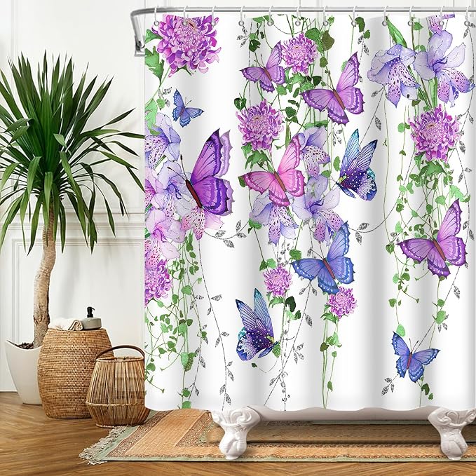 Violet Butterfly Floral Shower Curtain Spring Lavender Shower Curtain Lilac Pink Floral Bathroom Decor Waterproof Polyester Fabric with 12 Hooks,72x78 Inches