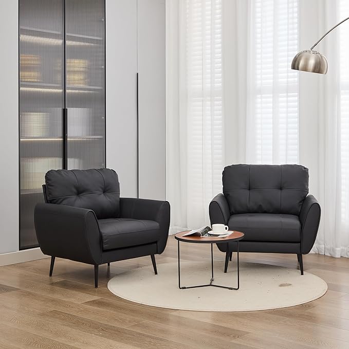 TYBOATLE Accent Chairs Set of 2, Comfy Modern Living Room Chair Black Leather Reading Accent Chairs Tufted Mid Century Arm Chair Small Salon Chair for Office Bedroom (2, Black)