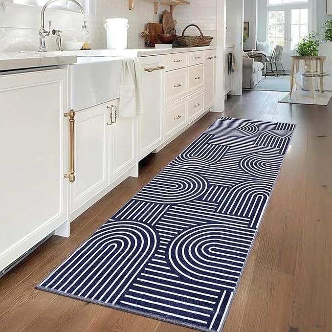 Modern Rug 2.5x10 Runners for Hallways, Abstract Kitchen Runner Rugs Non Slip Bath Mat, Rainbow Washable Runner Rug for Bedroom, Soft Long Rugs for Entryway Bathroom Laundry Dorm, Blue