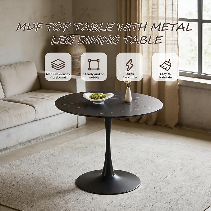 42" Tulip Table for 4-6 Persons Modern Round Dining Table, Mid-Century Modern Black Marble Small Kitchen Table with MDF Wooden Top, Leisure Coffee Table for Living Room, Dining Room, Office